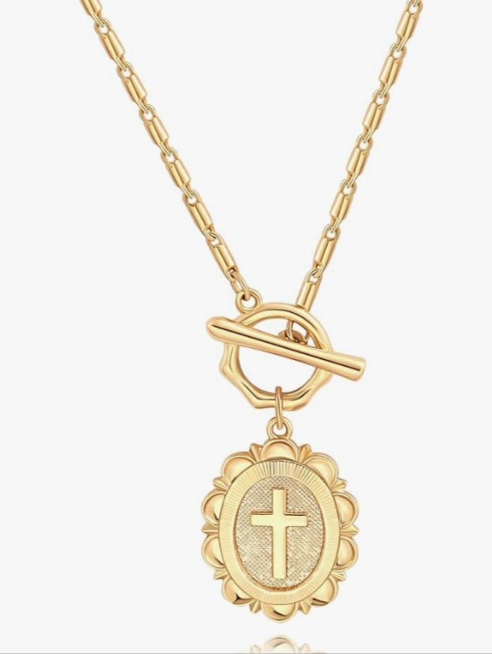 18K Gold Plated Flower Cross Pendant Necklace Medallion Coin Y-Shaped Chain